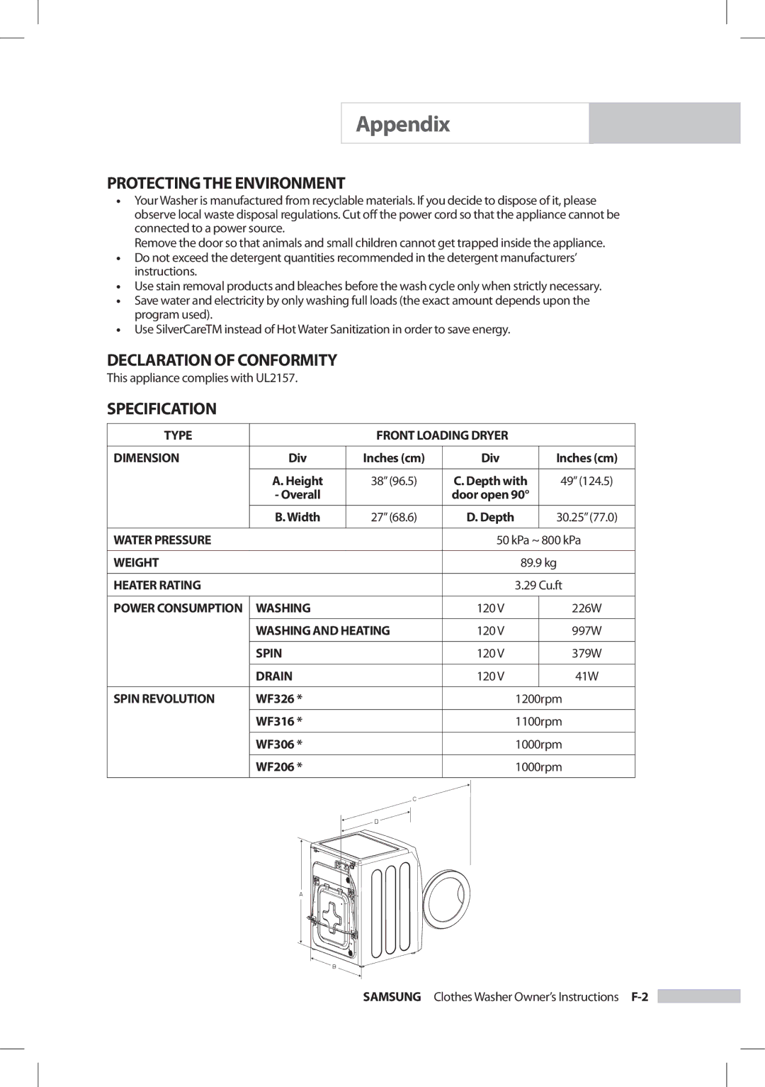 Samsung SilverCare Washer owner manual Protecting the Environment, Declaration of Conformity, Specification 