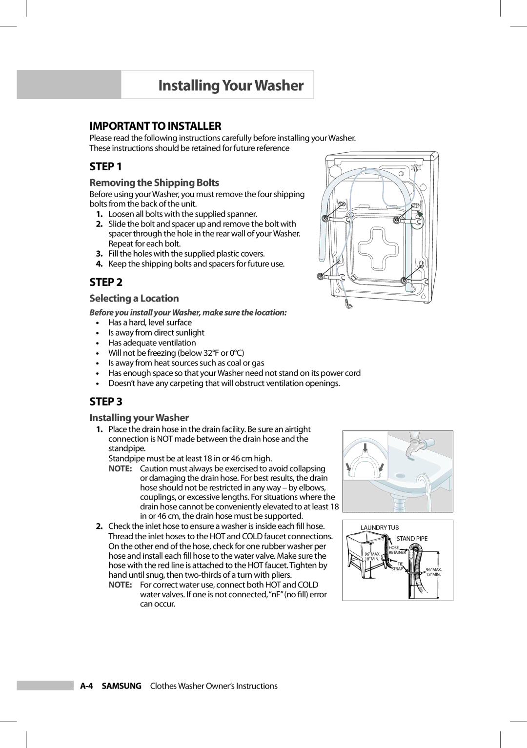 Samsung SilverCare Washer owner manual Important to Installer, Step, Removing the Shipping Bolts, Selecting a Location 