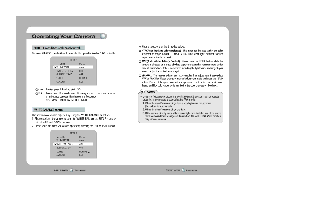 Samsung SIR-4250 user manual Shutter condition and speed control, White Balance control, Flk 