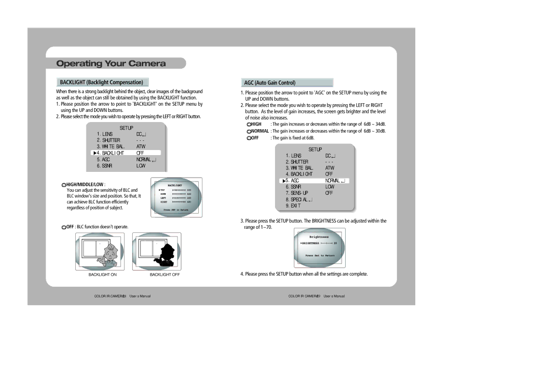 Samsung SIR-4250 user manual Backlight Backlight Compensation, AGC Auto Gain Control, High/Middle/Low 