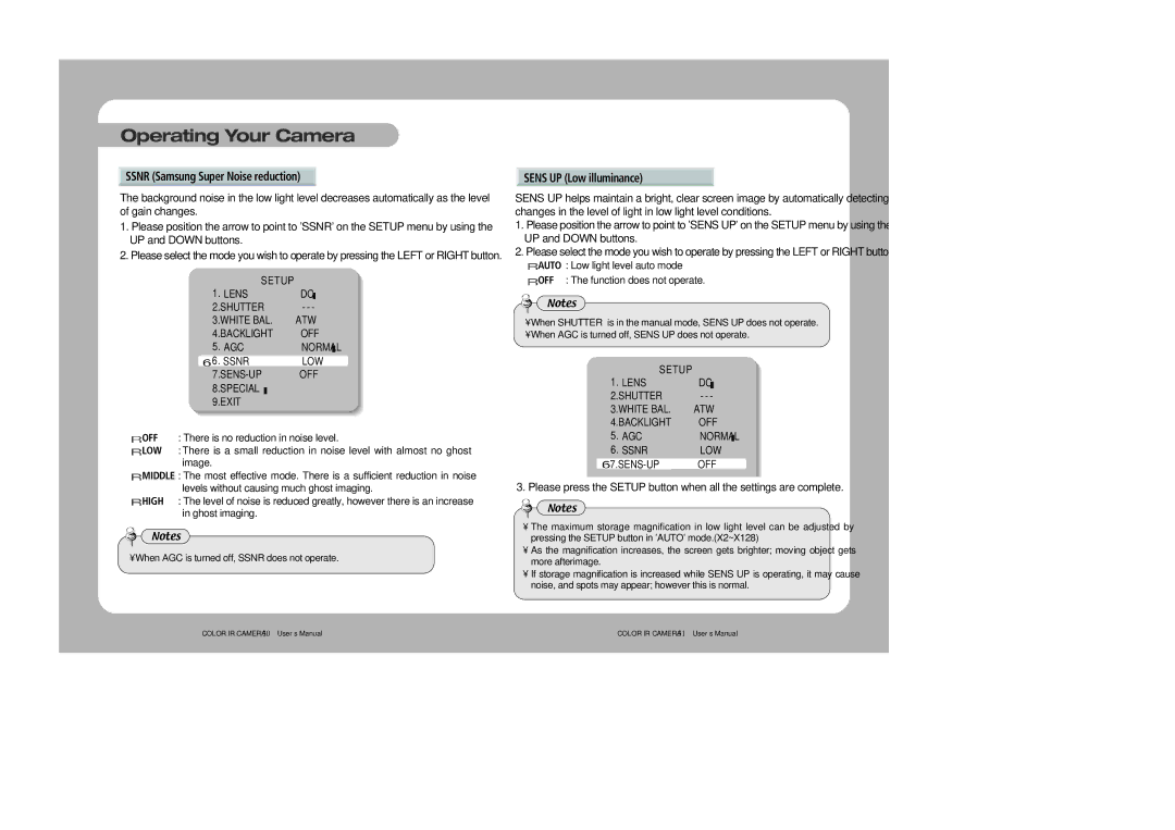 Samsung SIR-4250 user manual Ssnr Samsung Super Noise reduction, Sens UP Low illuminance 