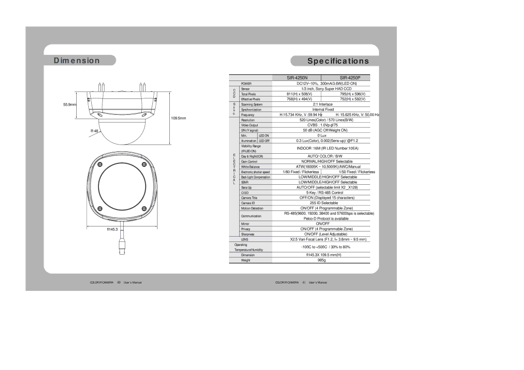 Samsung SIR-4250 user manual Dimension, Specifications 