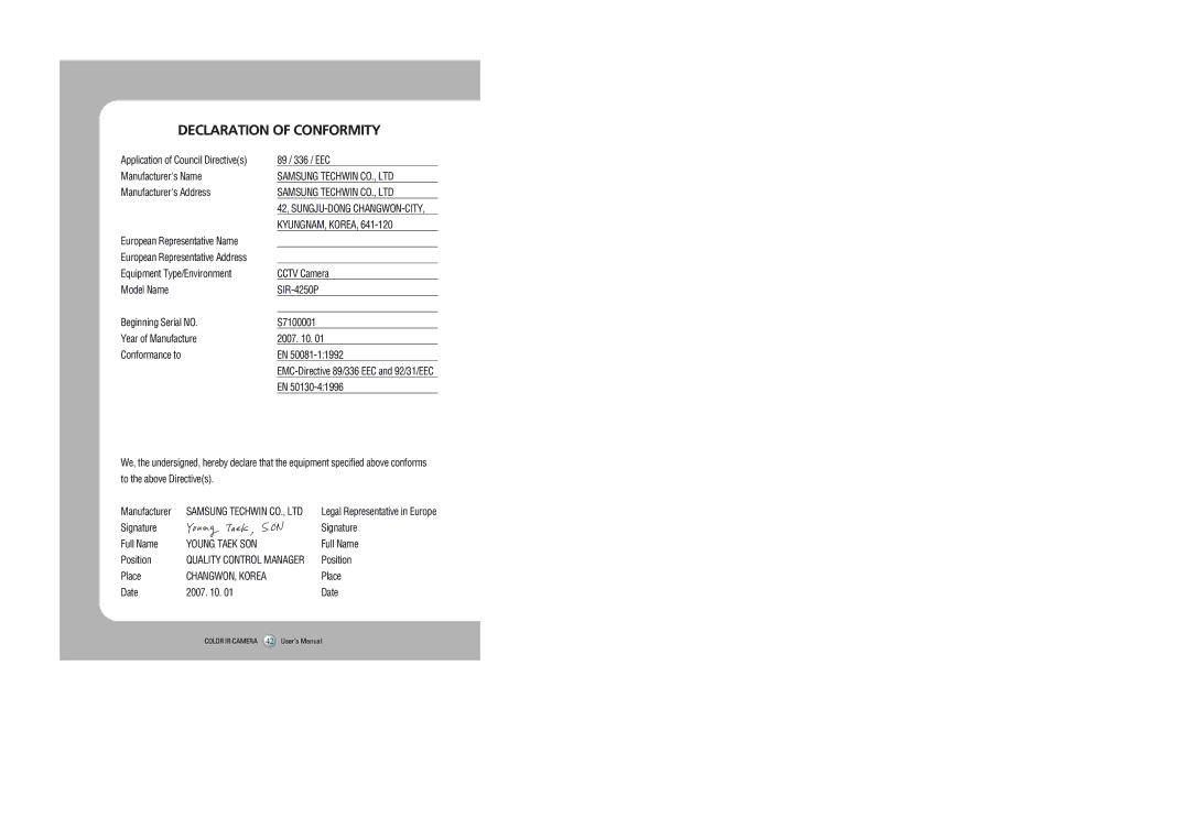 Samsung SIR-4250 user manual Declaration of Conformity 