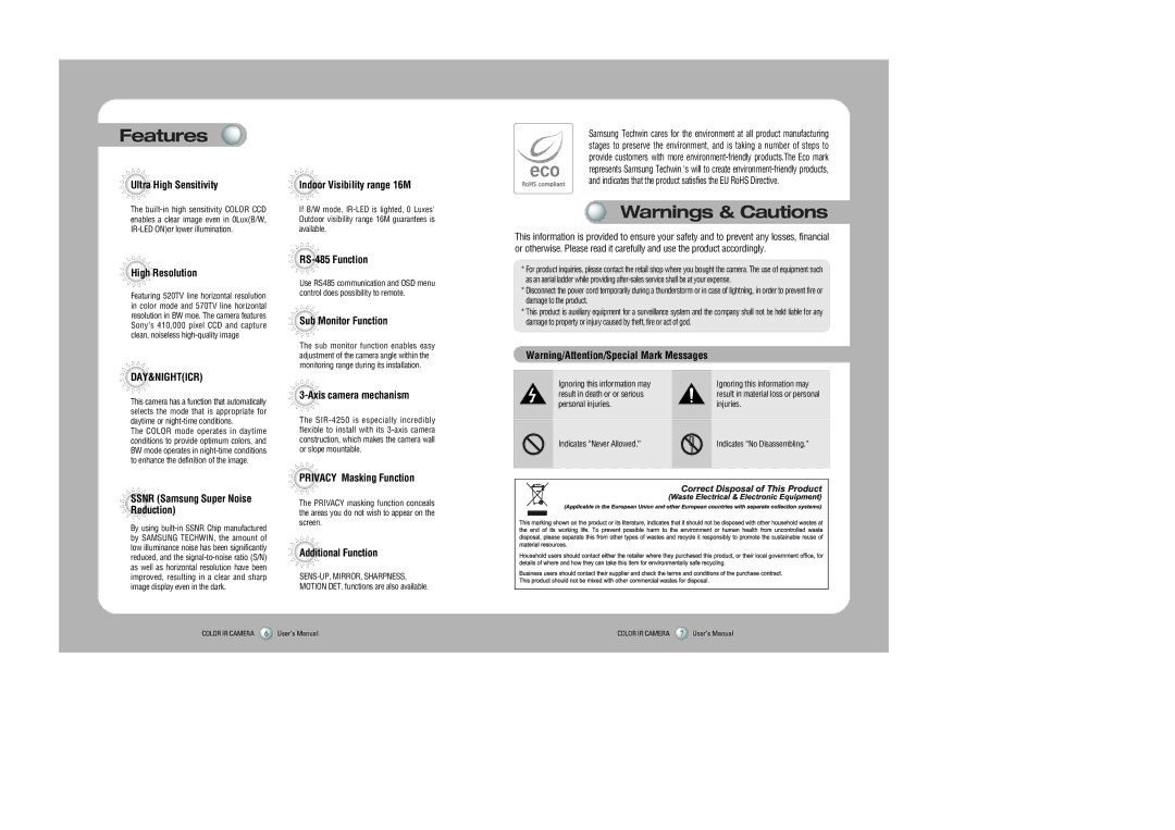 Samsung SIR-4250 user manual Features, Ultra High Sensitivity 