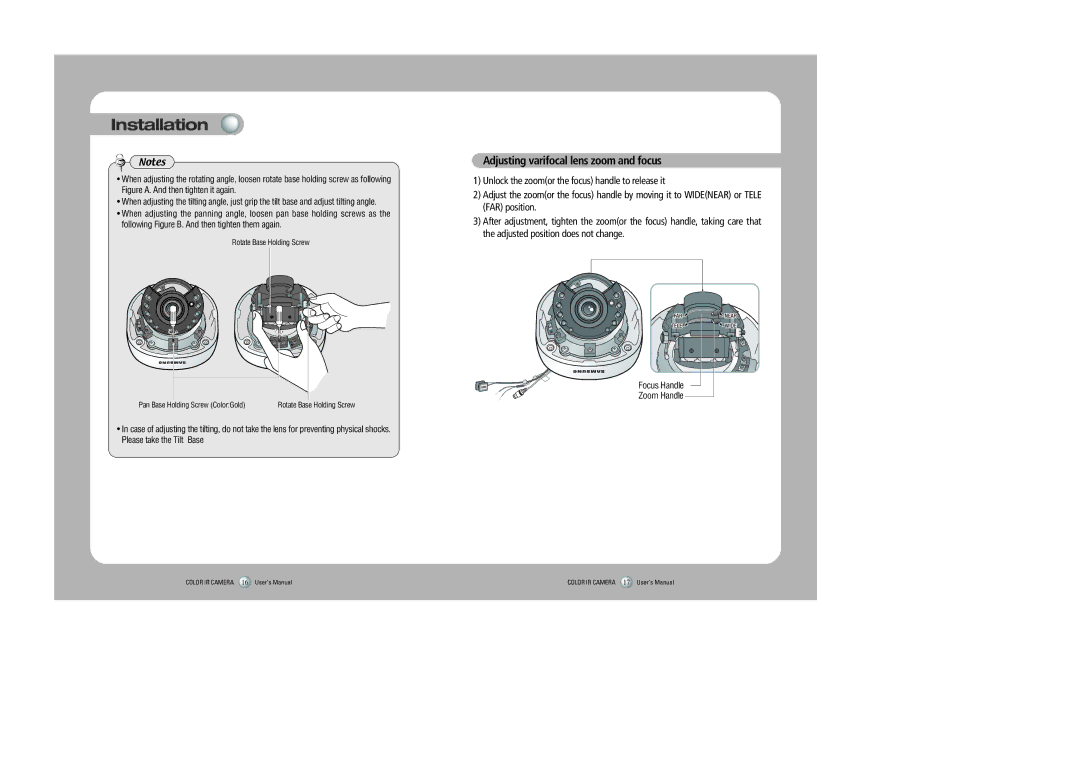 Samsung SIR-4250 user manual Adjusting varifocal lens zoom and focus 