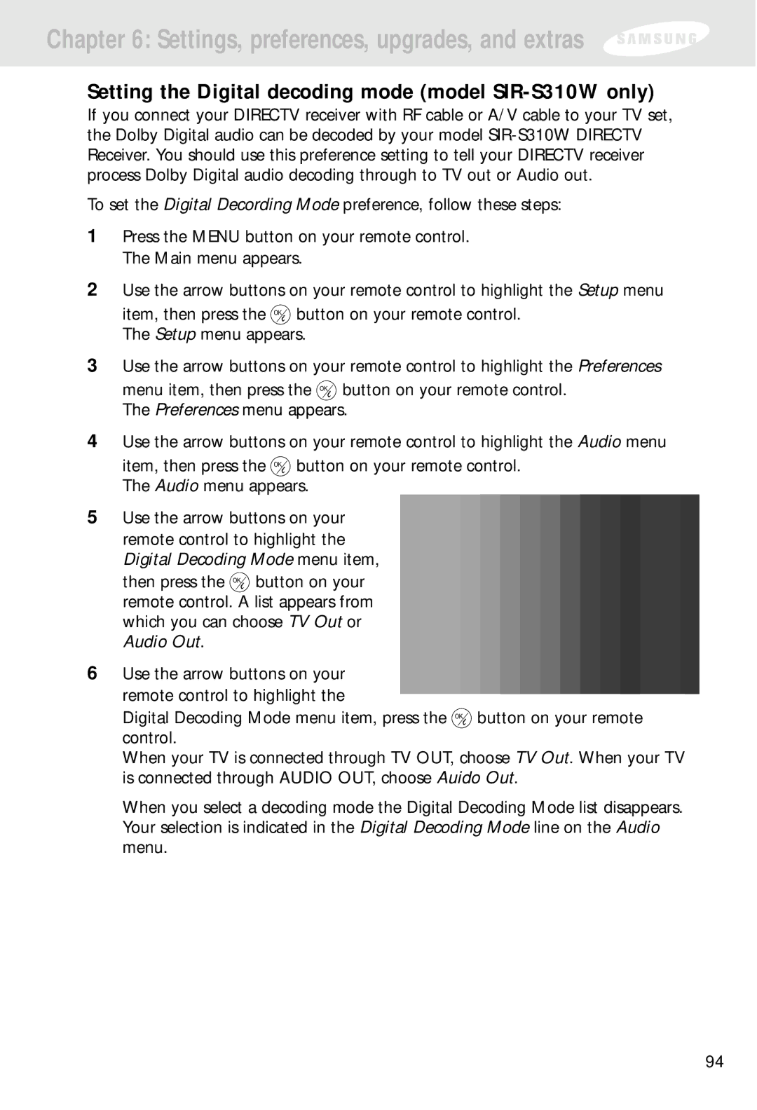 Samsung SIR-S300W owner manual Setting the Digital decoding mode model SIR-S310W only 