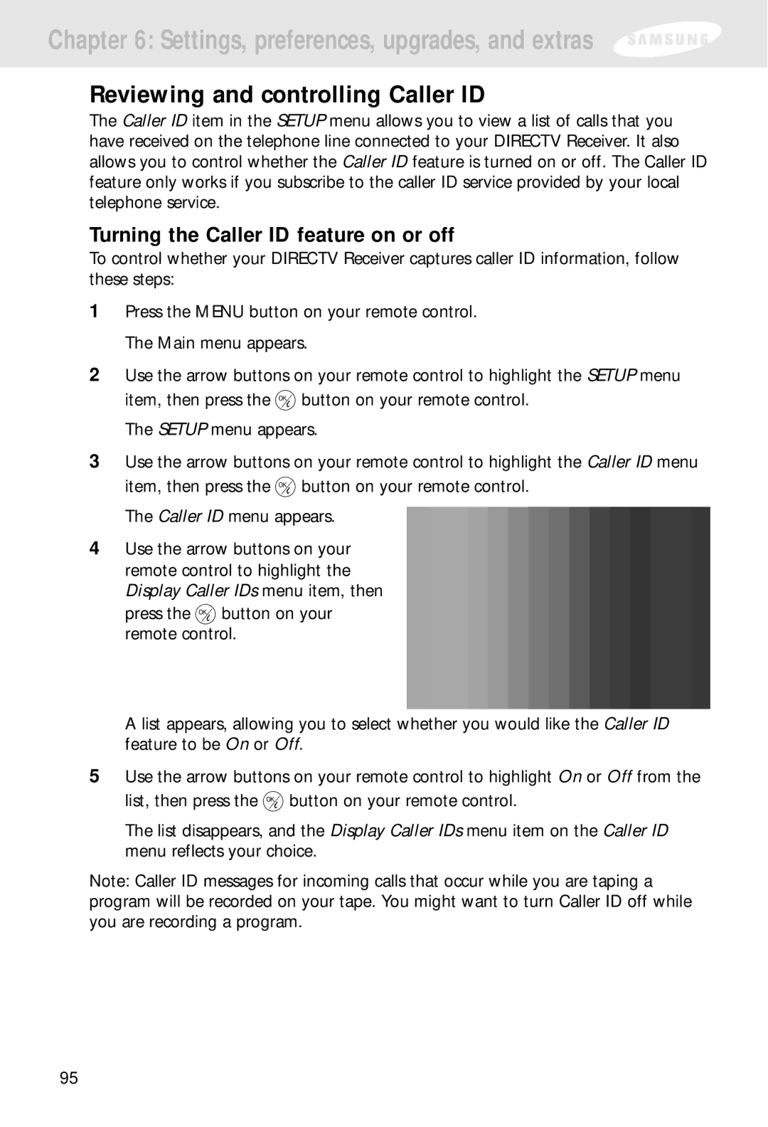 Samsung SIR-S310W, SIR-S300W owner manual Reviewing and controlling Caller ID, Turning the Caller ID feature on or off 