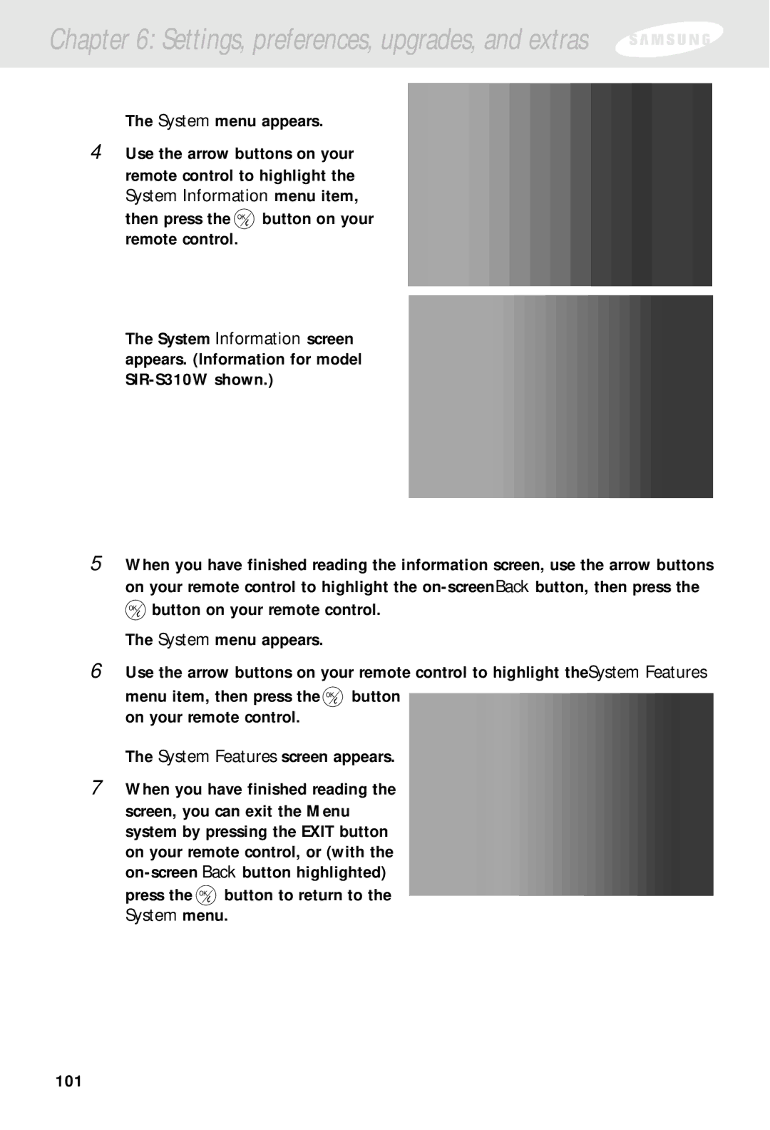 Samsung SIR-S310W, SIR-S300W owner manual Settings, preferences, upgrades, and extras 