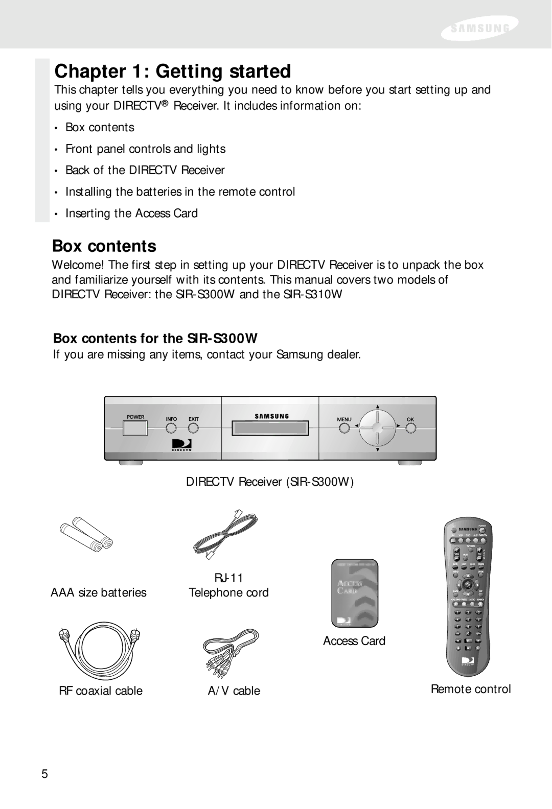 Samsung SIR-S310W, SIR-S300W owner manual Getting started, Box contents 