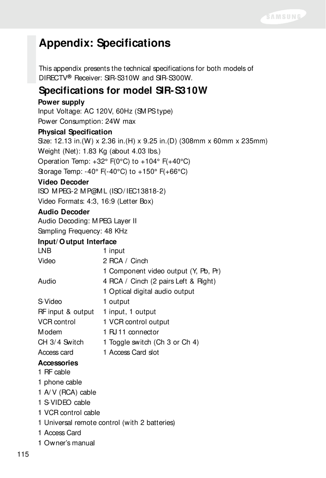 Samsung SIR-S300W owner manual Specifications for model SIR-S310W 