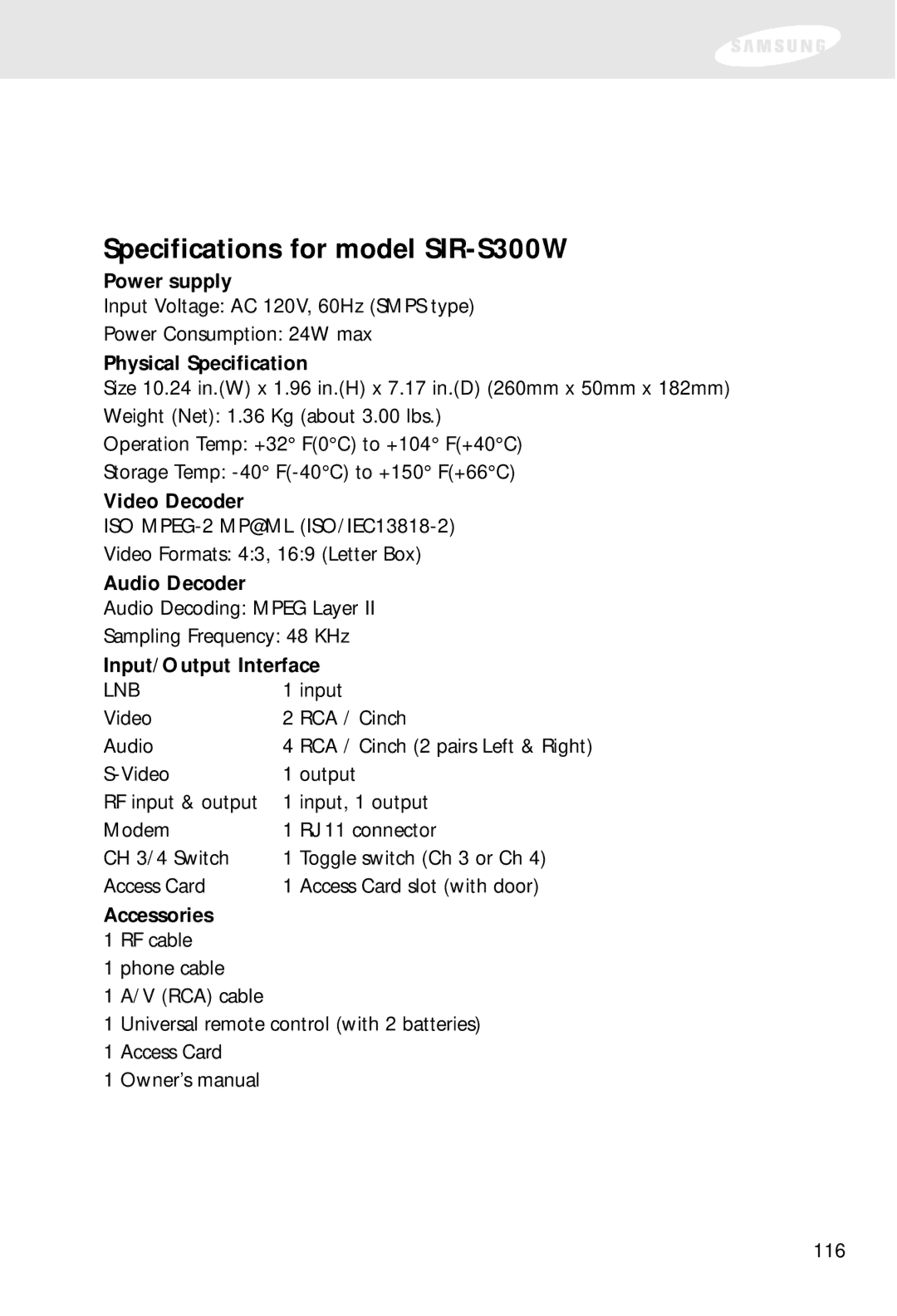 Samsung SIR-S310W owner manual Specifications for model SIR-S300W 