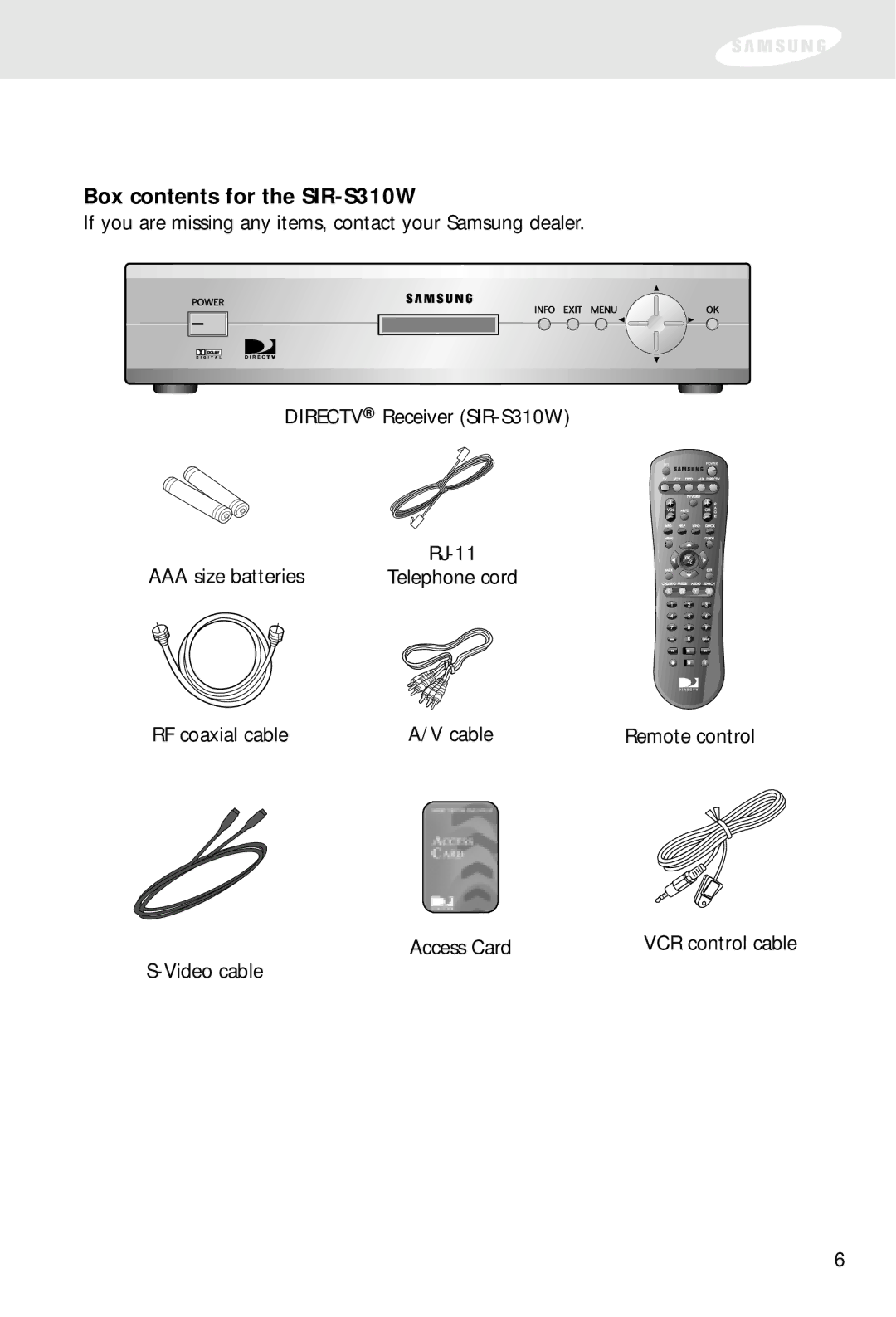 Samsung SIR-S300W owner manual Box contents for the SIR-S310W 