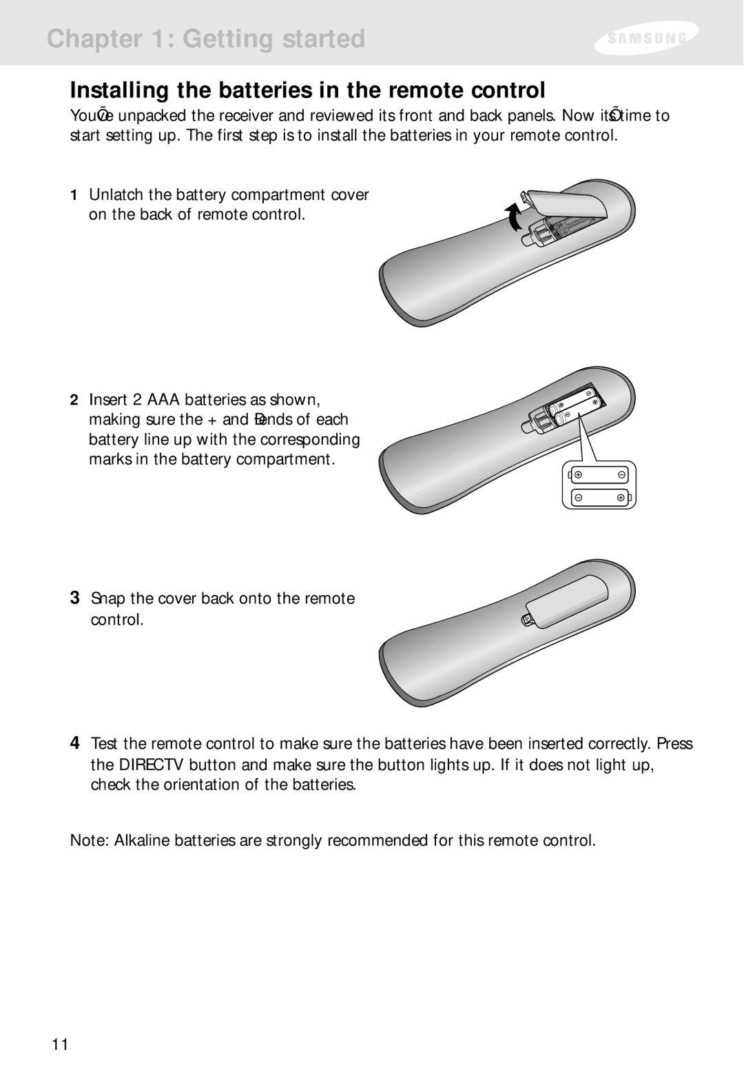 Samsung SIR-S310W, SIR-S300W owner manual Installing the batteries in the remote control 