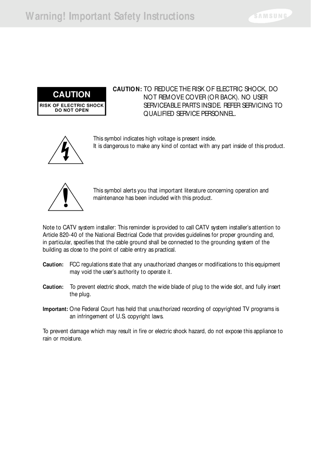 Samsung SIR-S310W, SIR-S300W owner manual Risk of Electric Shock Do not Open 