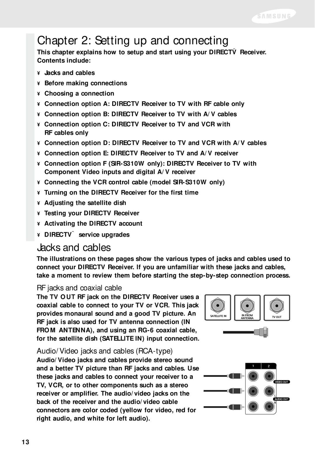 Samsung SIR-S310W, SIR-S300W Jacks and cables, RF jacks and coaxial cable, Audio/Video jacks and cables RCA-type 