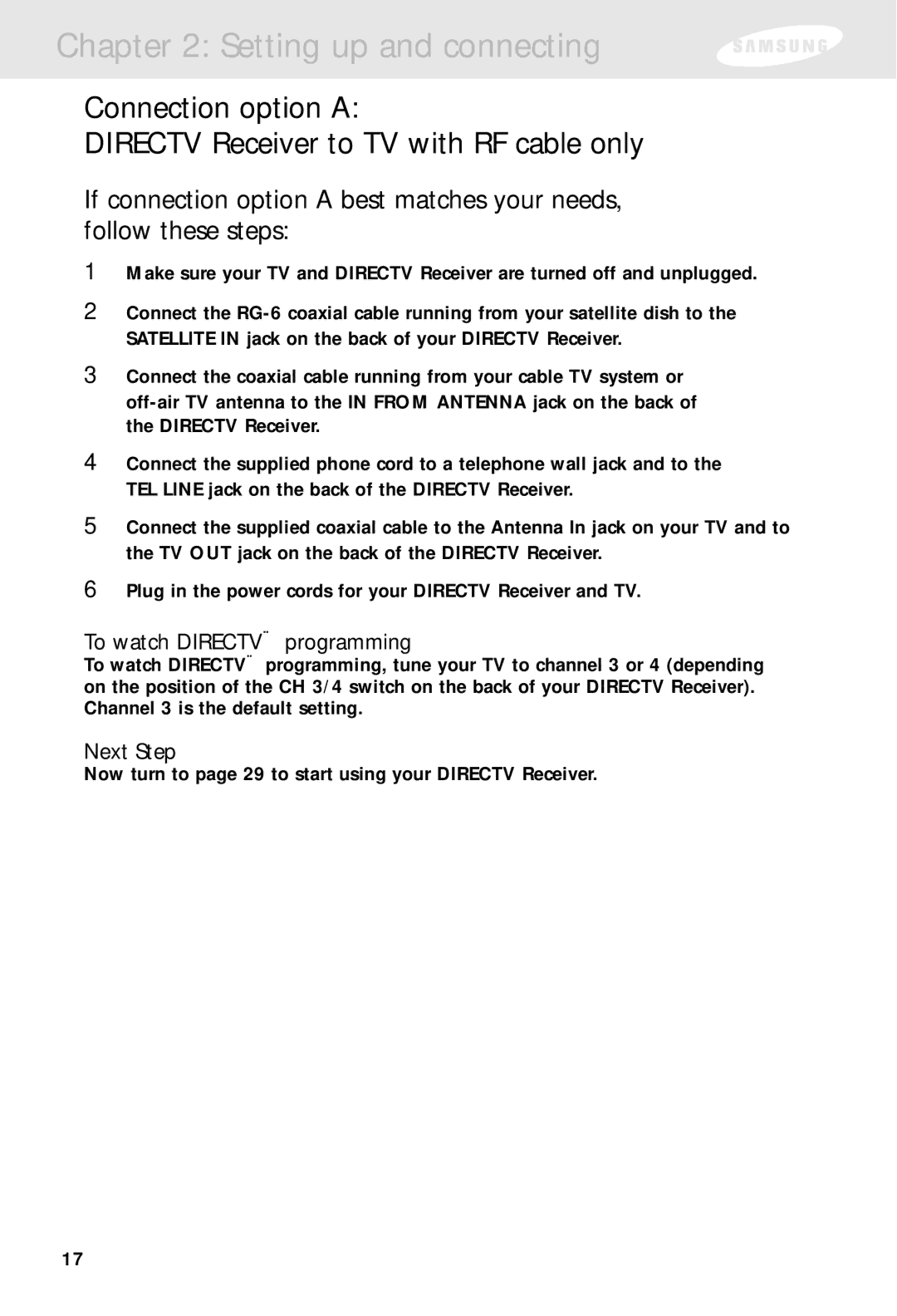 Samsung SIR-S310W, SIR-S300W owner manual To watch Directv programming, Next Step 