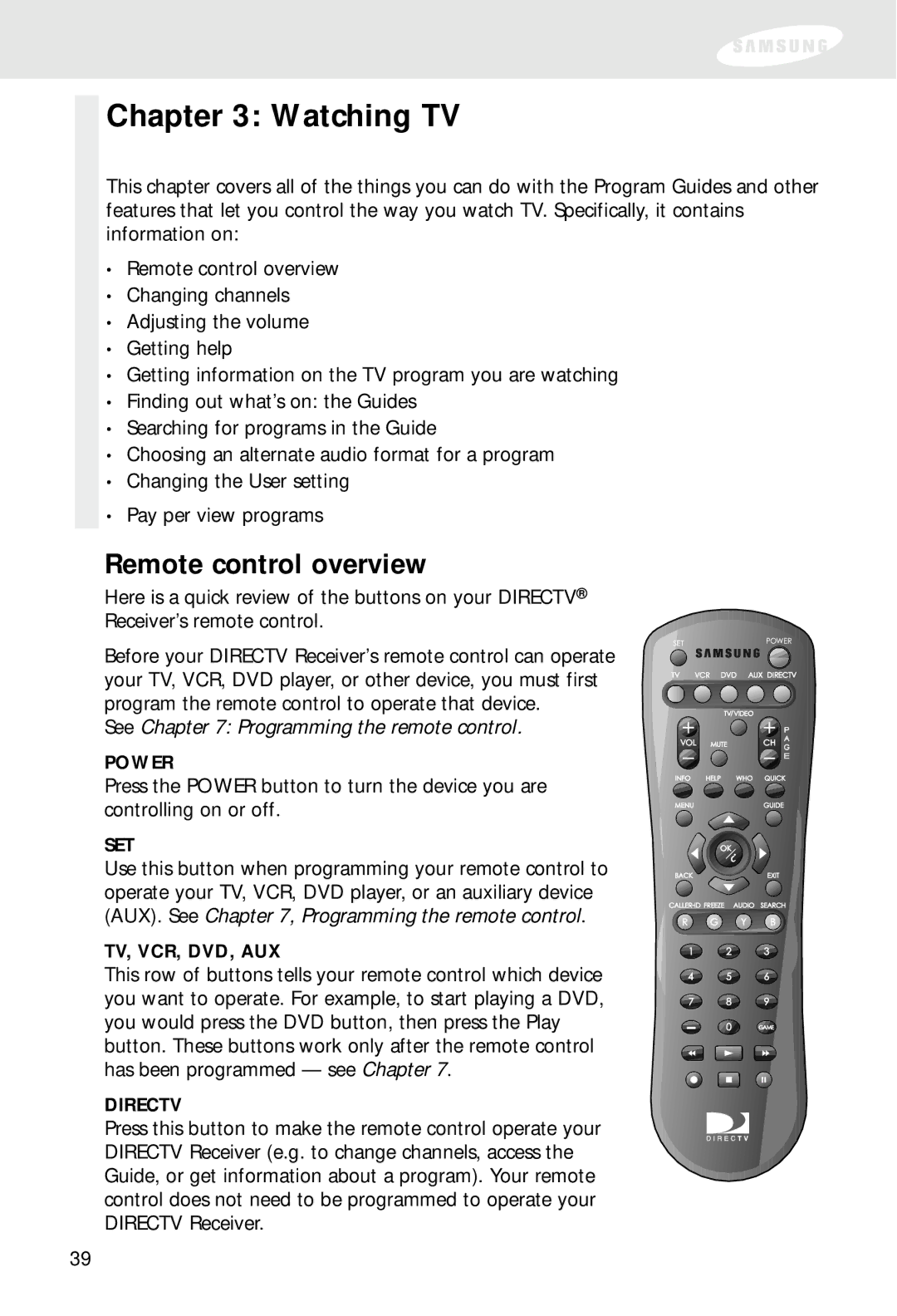 Samsung SIR-S310W, SIR-S300W owner manual Watching TV, Remote control overview 