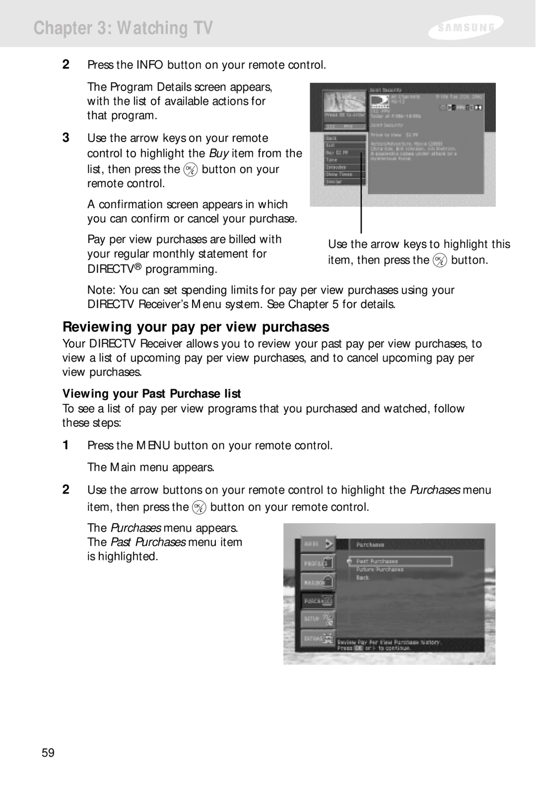 Samsung SIR-S310W, SIR-S300W owner manual Reviewing your pay per view purchases, Viewing your Past Purchase list 