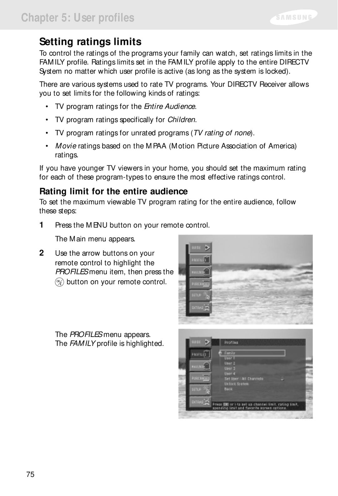 Samsung SIR-S310W, SIR-S300W owner manual Setting ratings limits, Rating limit for the entire audience 