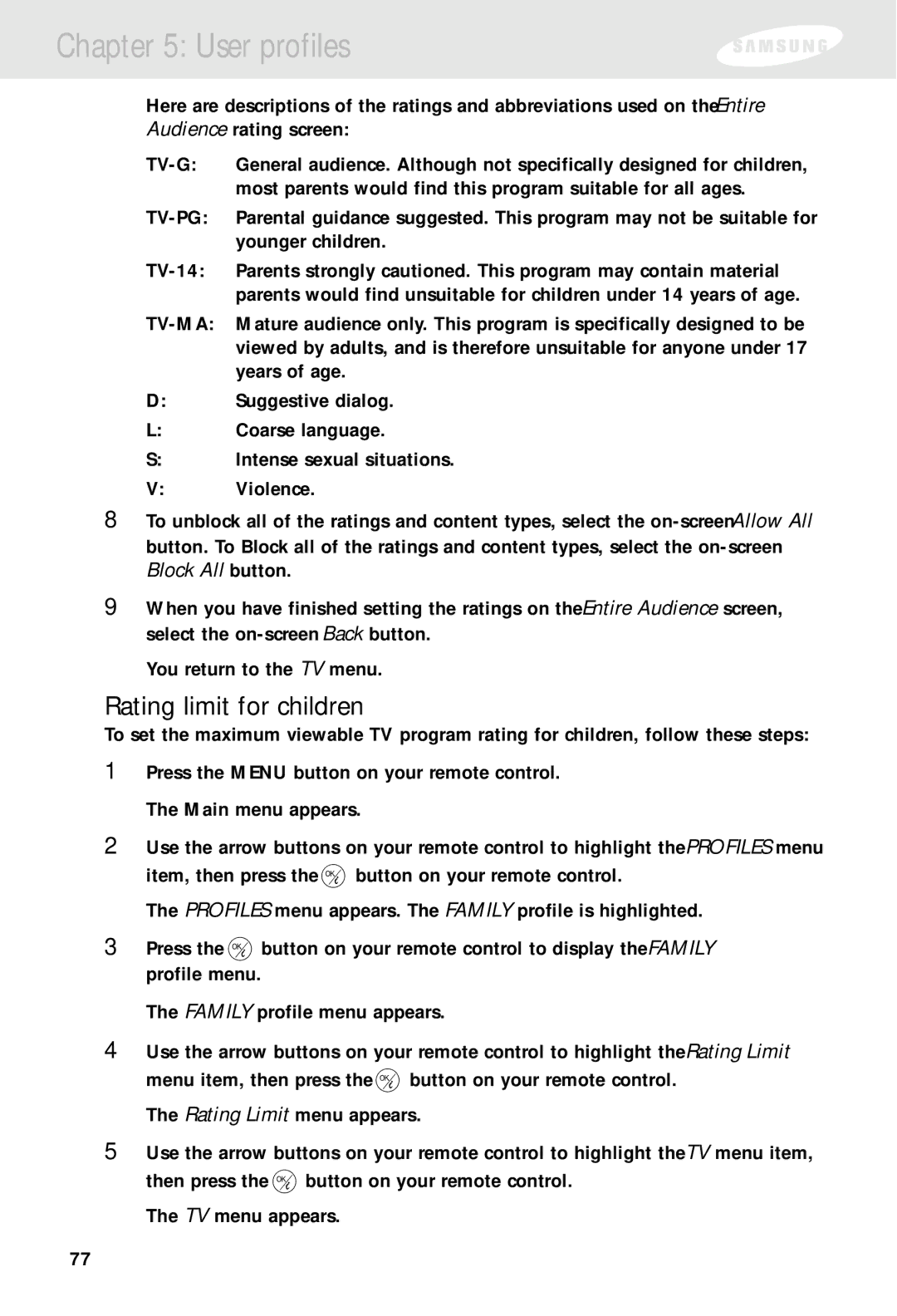 Samsung SIR-S310W, SIR-S300W owner manual Rating limit for children 