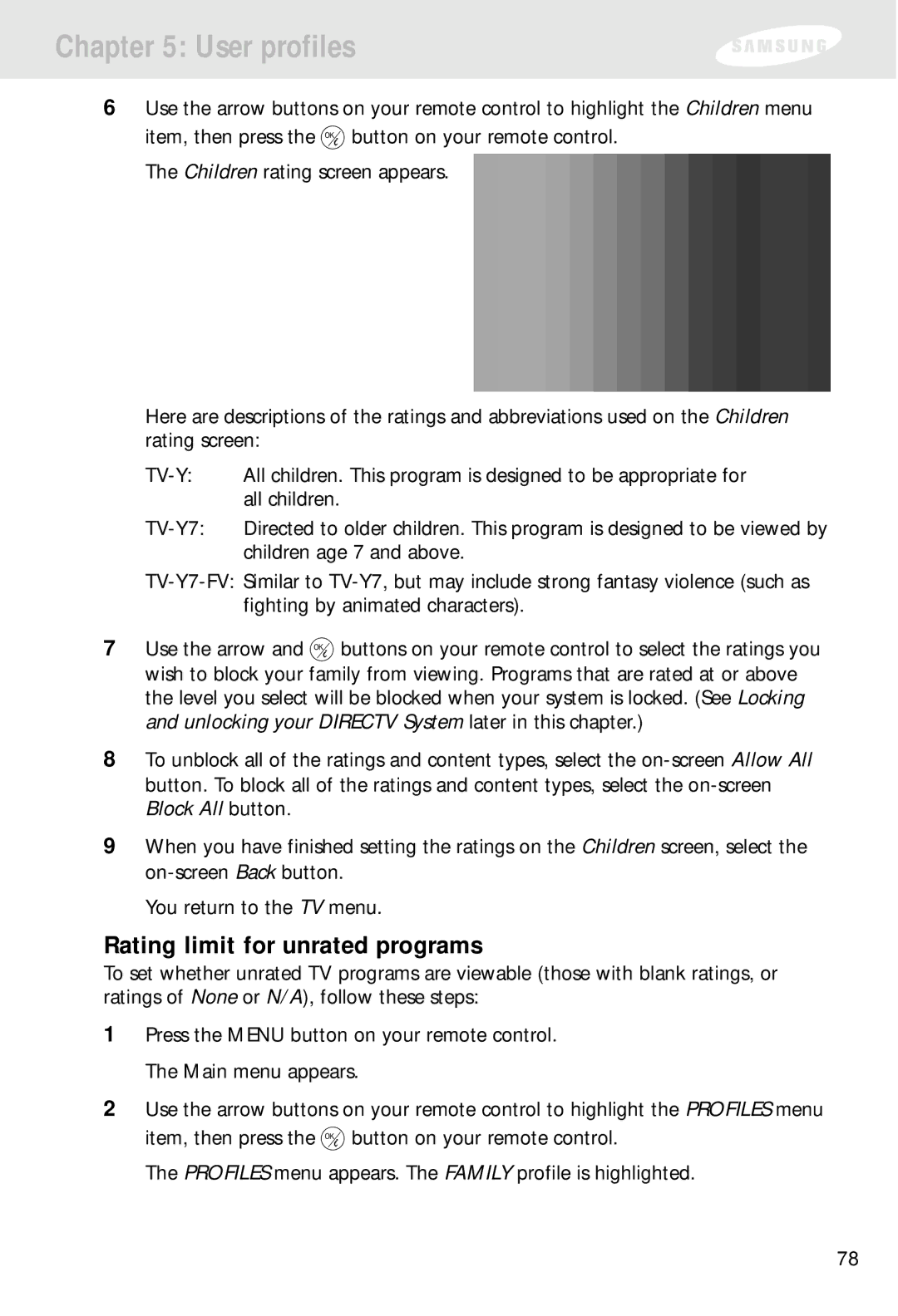 Samsung SIR-S300W, SIR-S310W owner manual Rating limit for unrated programs 