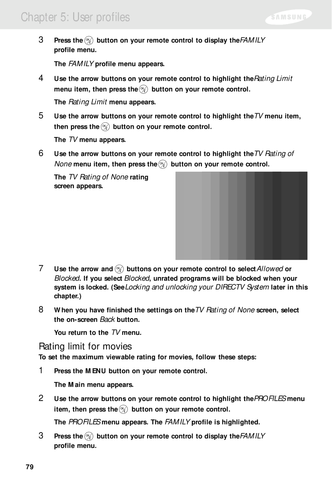 Samsung SIR-S310W, SIR-S300W owner manual Rating limit for movies, TV Rating of None rating screen appears 