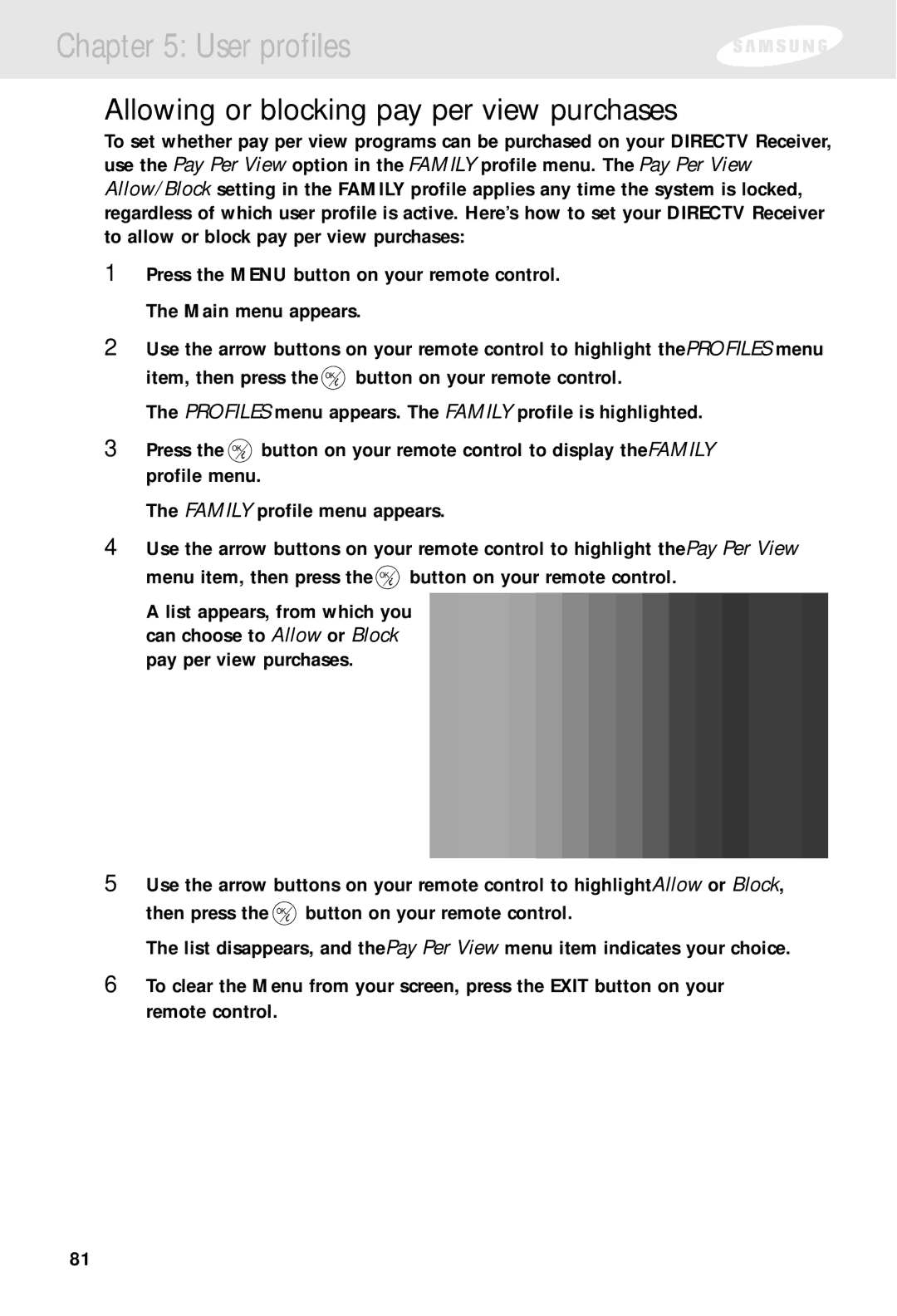 Samsung SIR-S310W, SIR-S300W owner manual Allowing or blocking pay per view purchases 