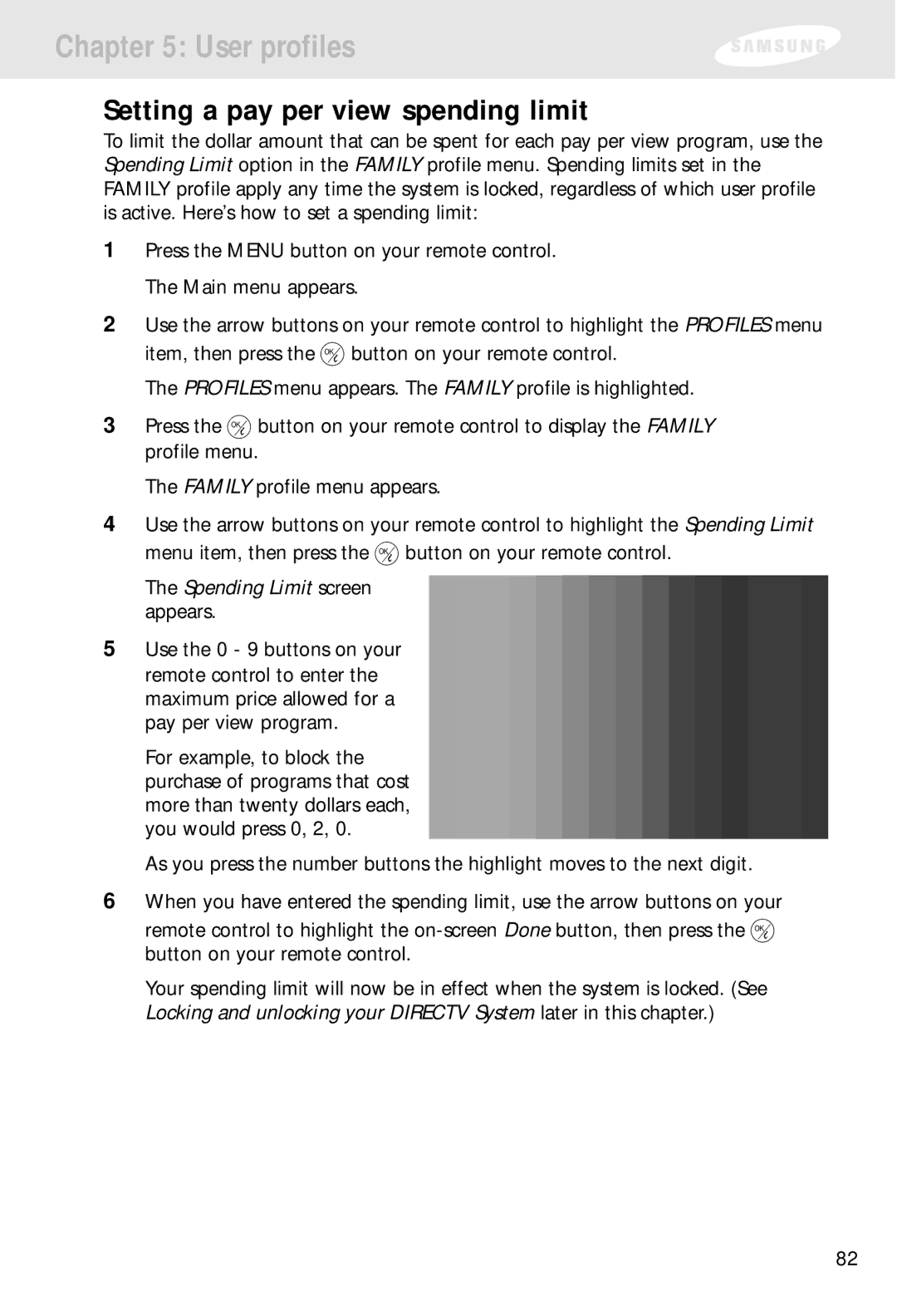 Samsung SIR-S300W, SIR-S310W owner manual Setting a pay per view spending limit, Spending Limit screen appears 