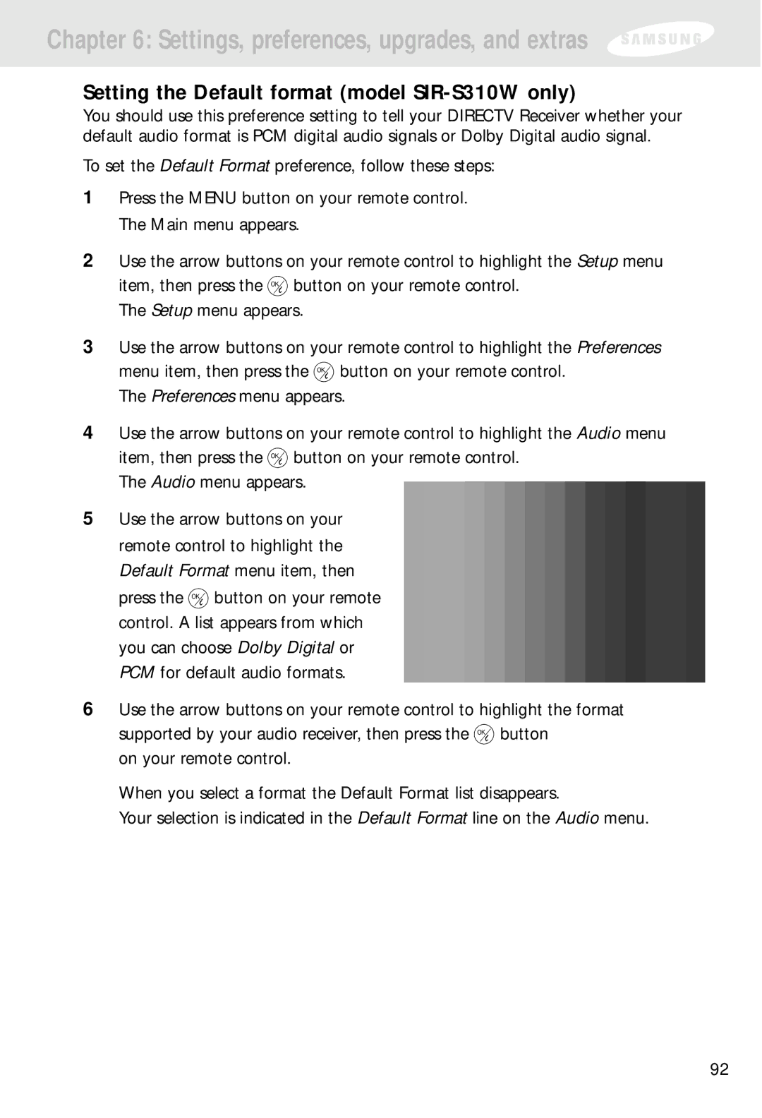 Samsung SIR-S300W owner manual Setting the Default format model SIR-S310W only 