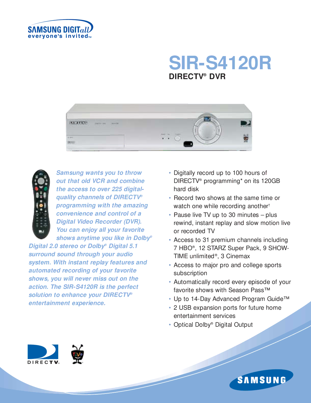 Samsung SIR-S4120R manual Directv DVR 