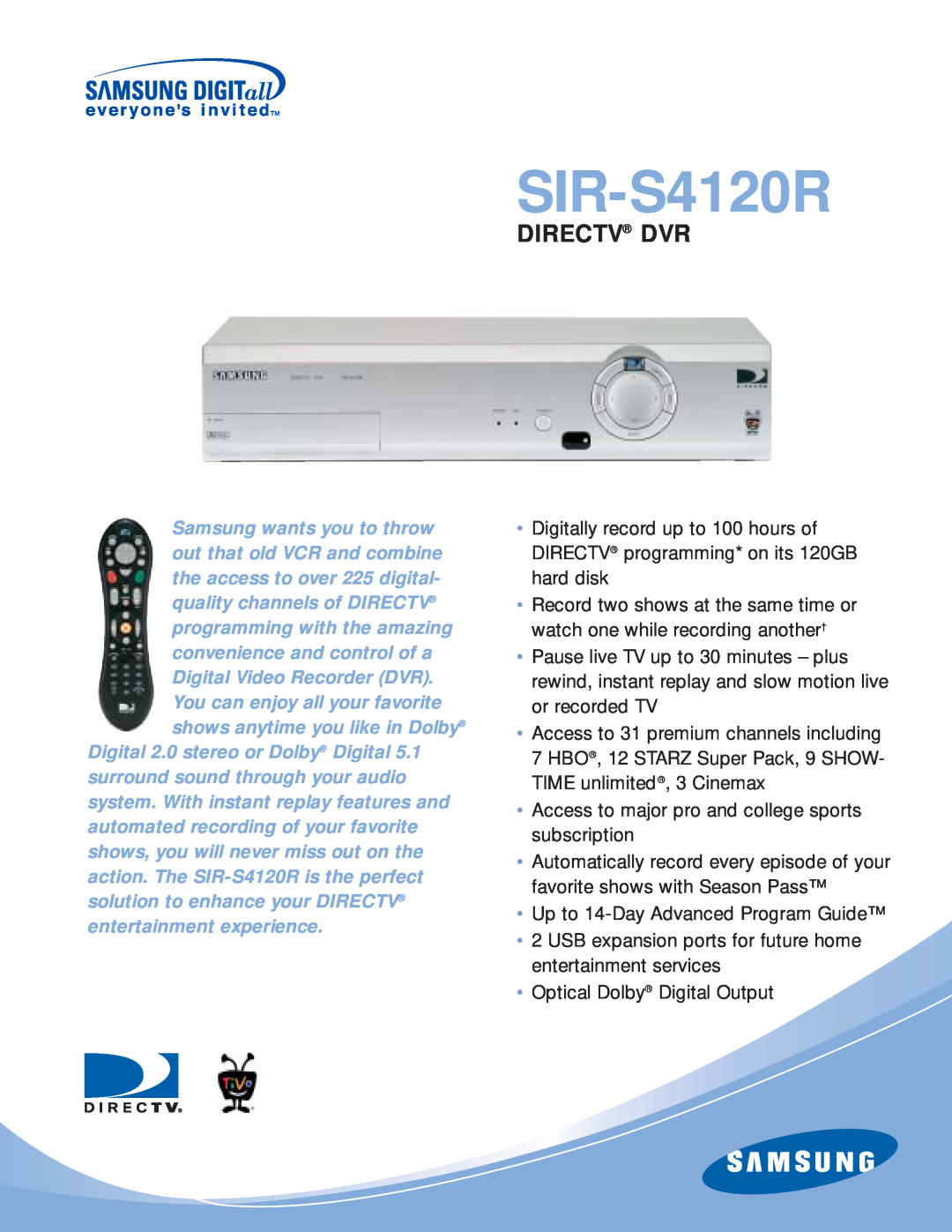 Samsung SIR-S4120R manual Directv Dvr 
