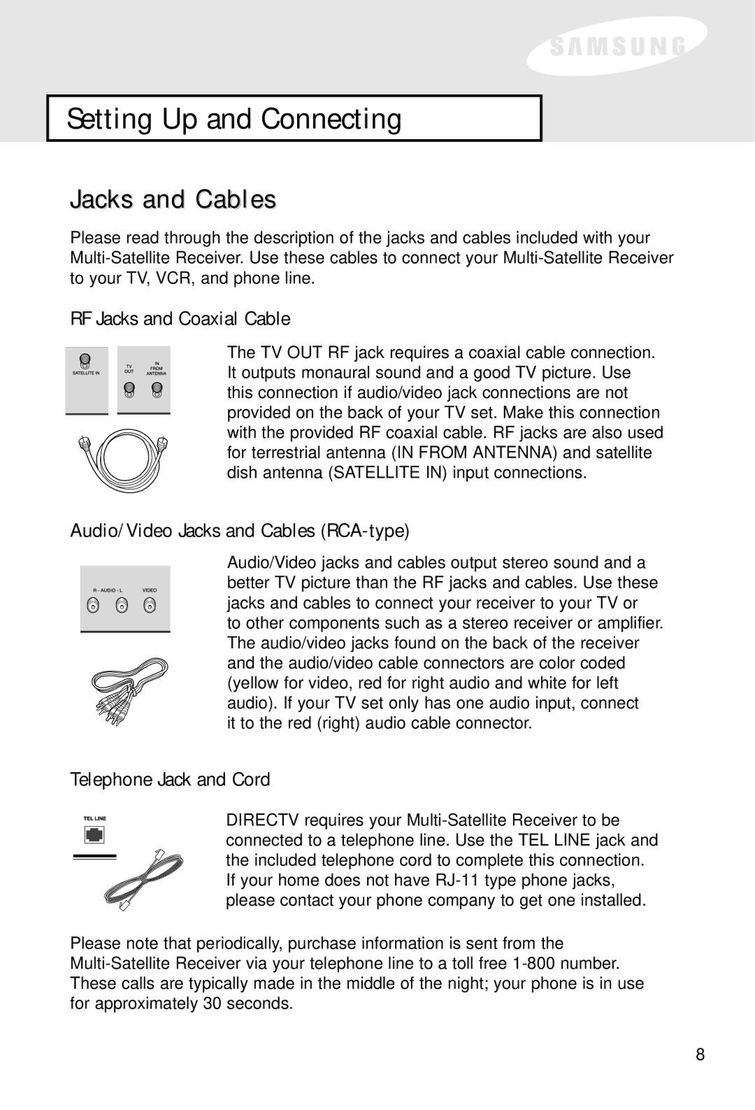 Samsung SIR-S60W RF Jacks and Coaxial Cable, Audio/Video Jacks and Cables RCA-type, Telephone Jack and Cord 