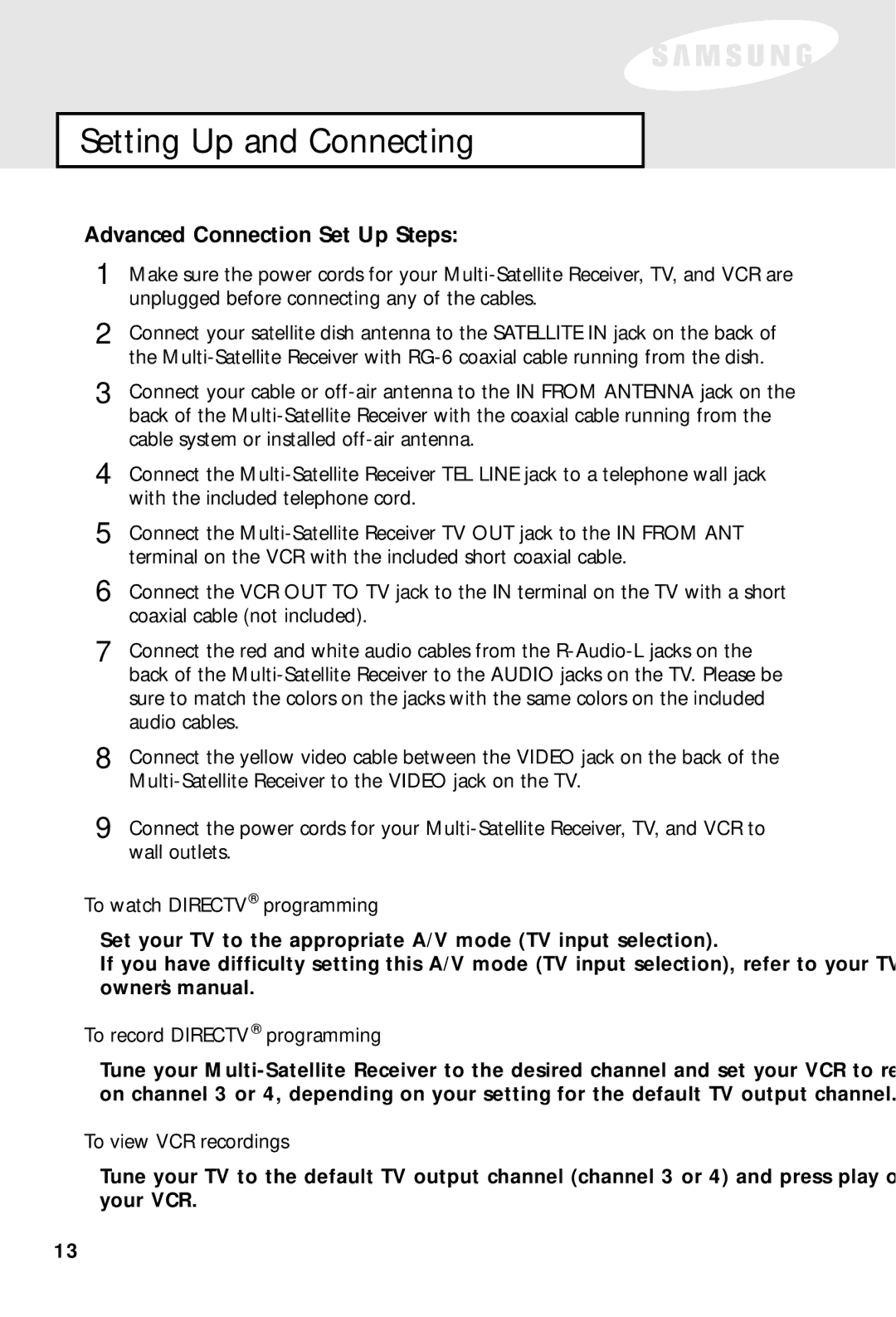 Samsung SIR-S60W owner manual Advanced Connection Set Up Steps 