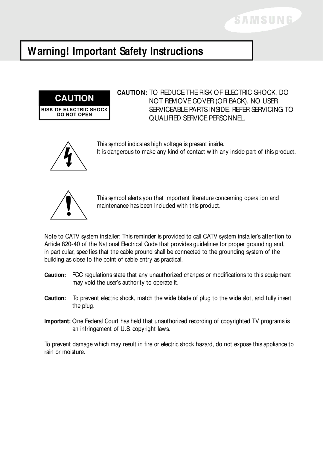 Samsung SIR-S60W owner manual Risk of Electric Shock Do not Open 