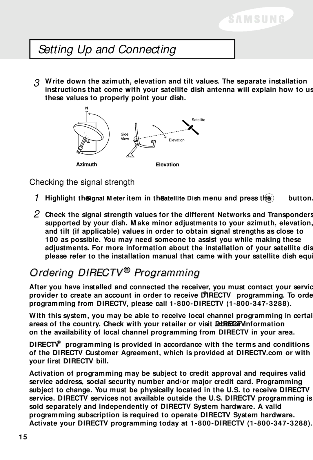 Samsung SIR-S60W owner manual Ordering Directv Programming, Checking the signal strength 