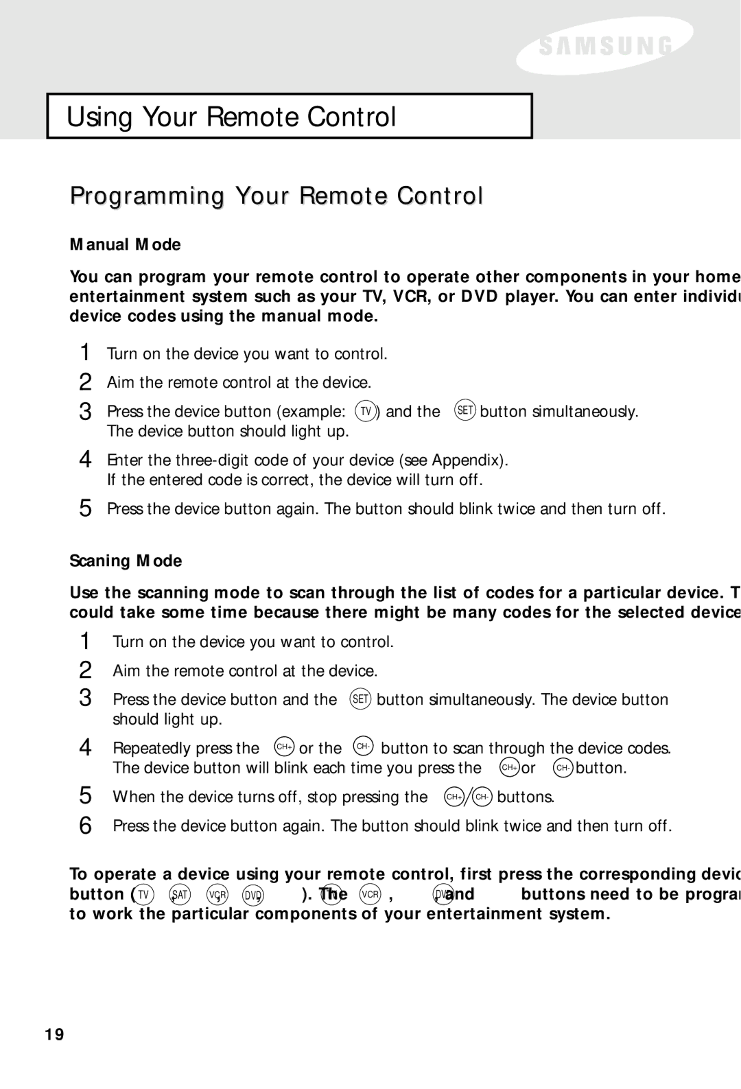 Samsung SIR-S60W owner manual Programming Your Remote Control, Manual Mode, Scaning Mode 