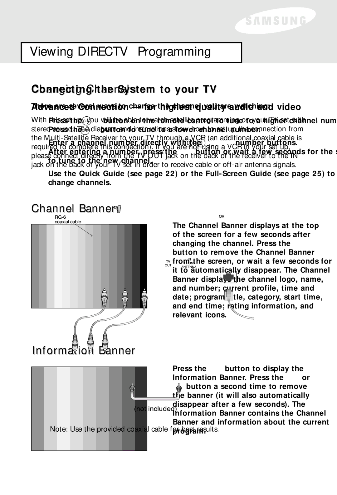 Samsung SIR-S60W owner manual Viewing Directv Programming, Changing Channels, Channel Banner, Information Banner 