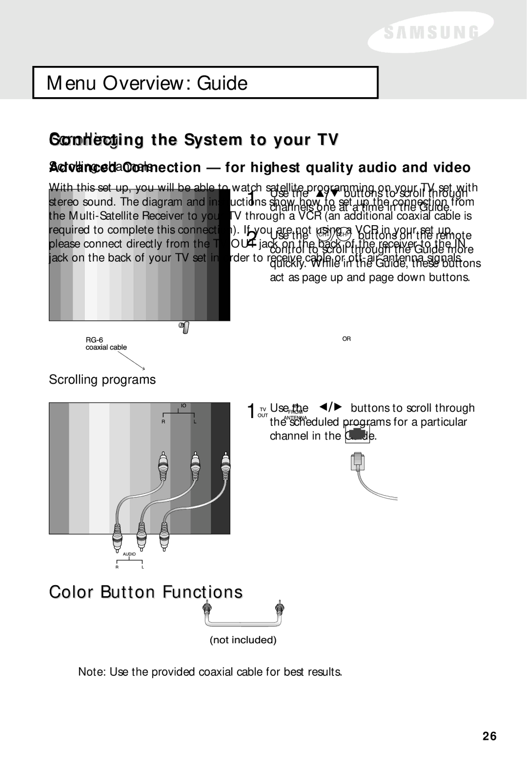 Samsung SIR-S60W owner manual Color Button Functions, Scrolling channels Scrolling programs 