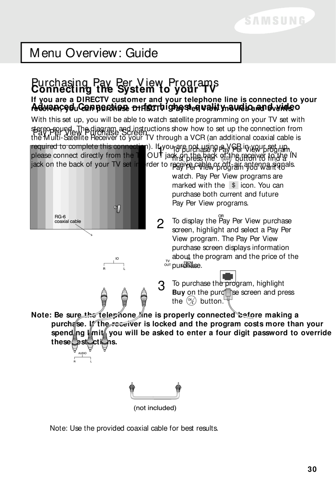 Samsung SIR-S60W owner manual Purchasing Pay Per View Programs, Pay Per View Purchase Screen 