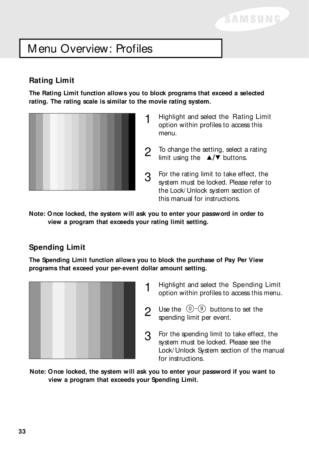 Samsung SIR-S60W owner manual Rating Limit, Spending Limit 