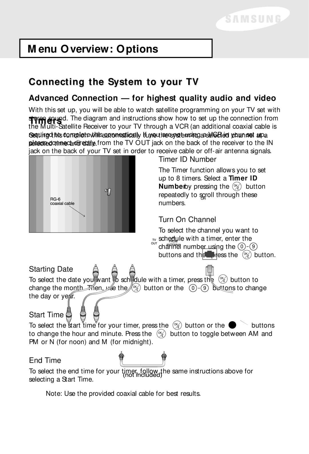 Samsung SIR-S60W owner manual Menu Overview Options, Timers 