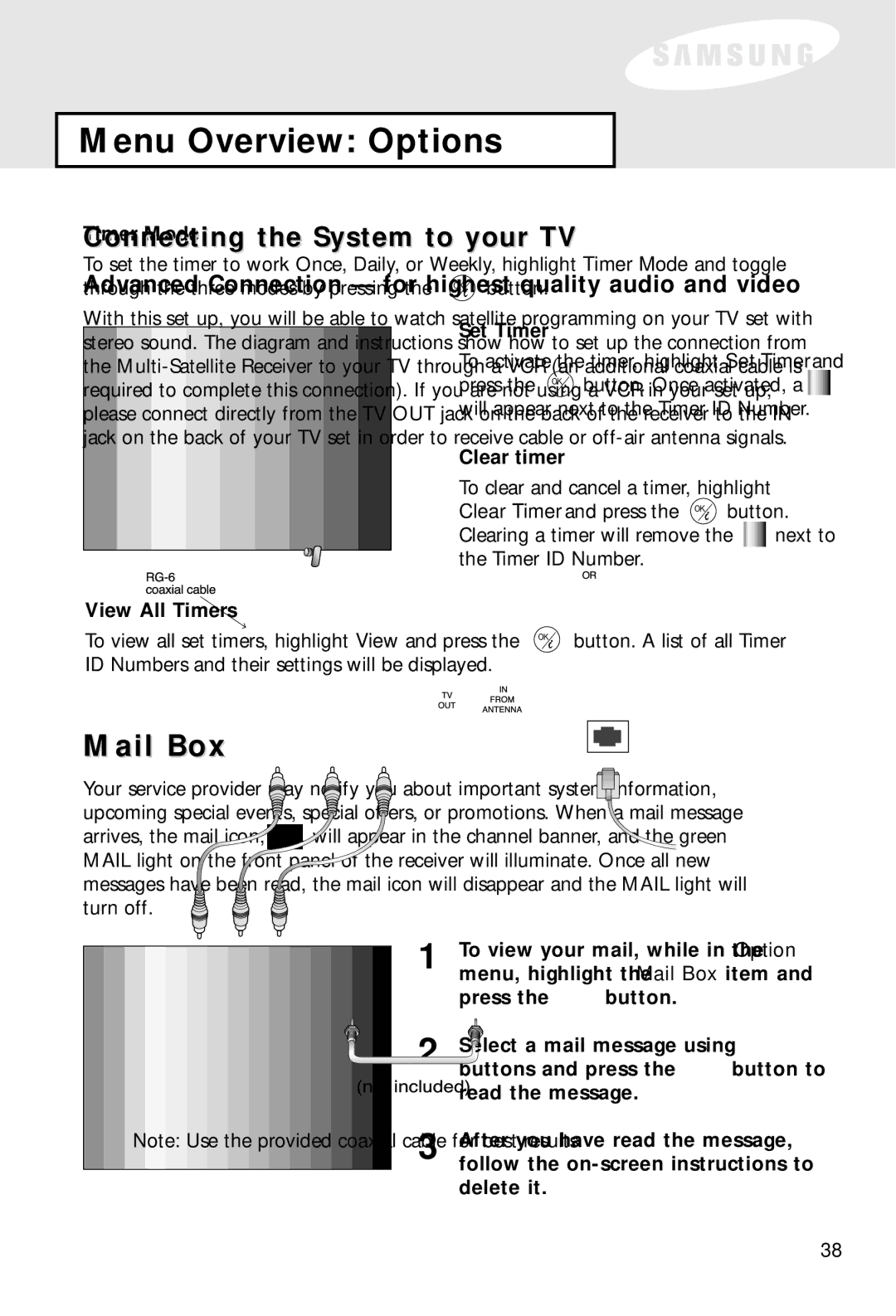 Samsung SIR-S60W owner manual Mail Box, Timer Mode, Set Timer, Clear timer, View All Timers 