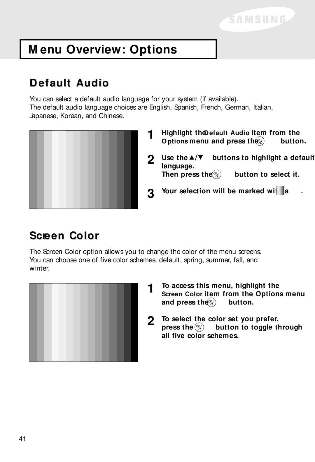Samsung SIR-S60W owner manual Screen Color, Highlight the Default Audio item from, To access this menu, highlight 