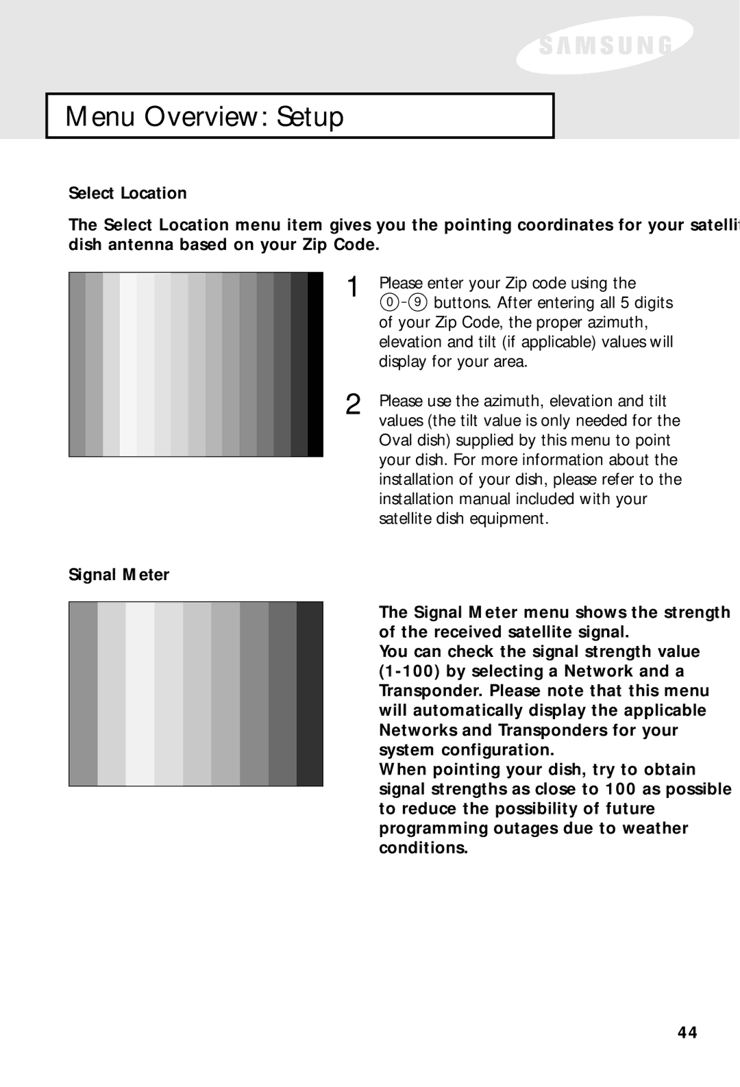 Samsung SIR-S60W owner manual Select Location, Signal Meter 