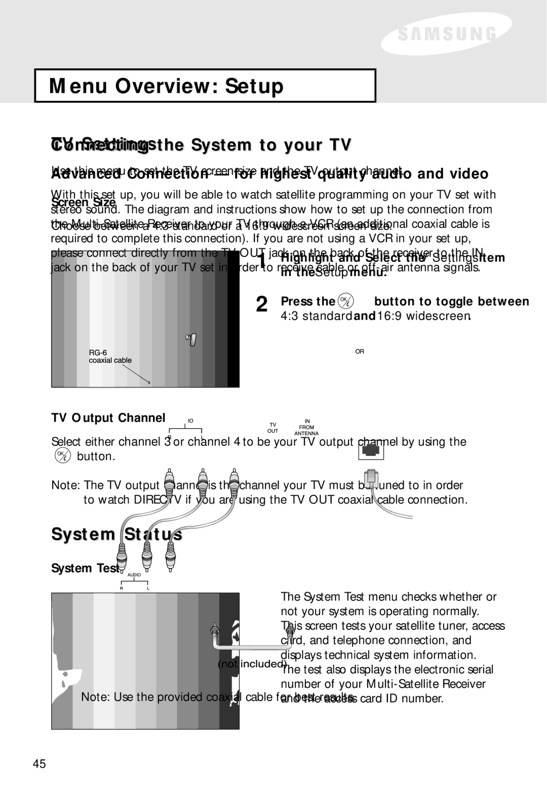 Samsung SIR-S60W owner manual Screen Size, TV Output Channel, System Test, Setup menu 