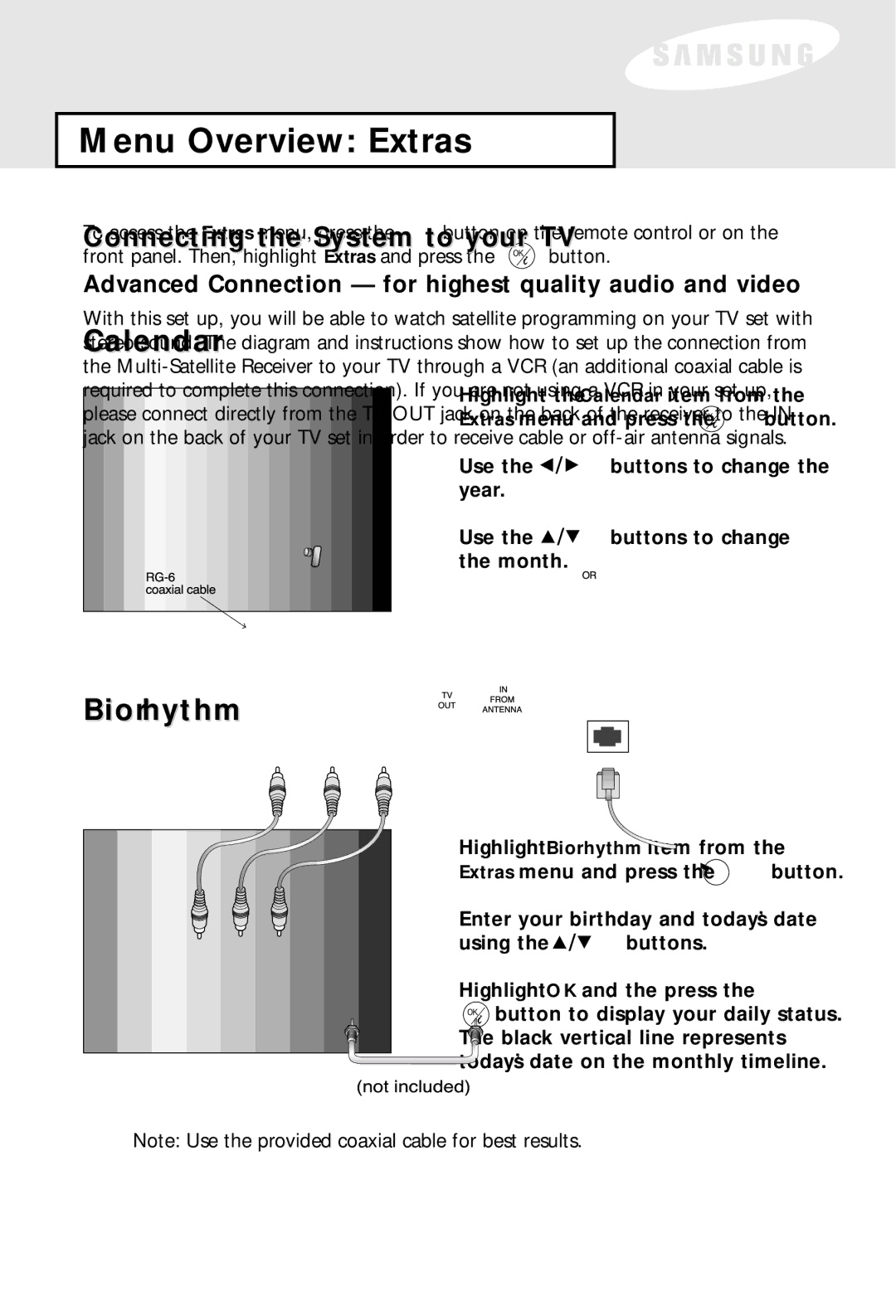 Samsung SIR-S60W owner manual Menu Overview Extras, Calendar, Biorhythm 