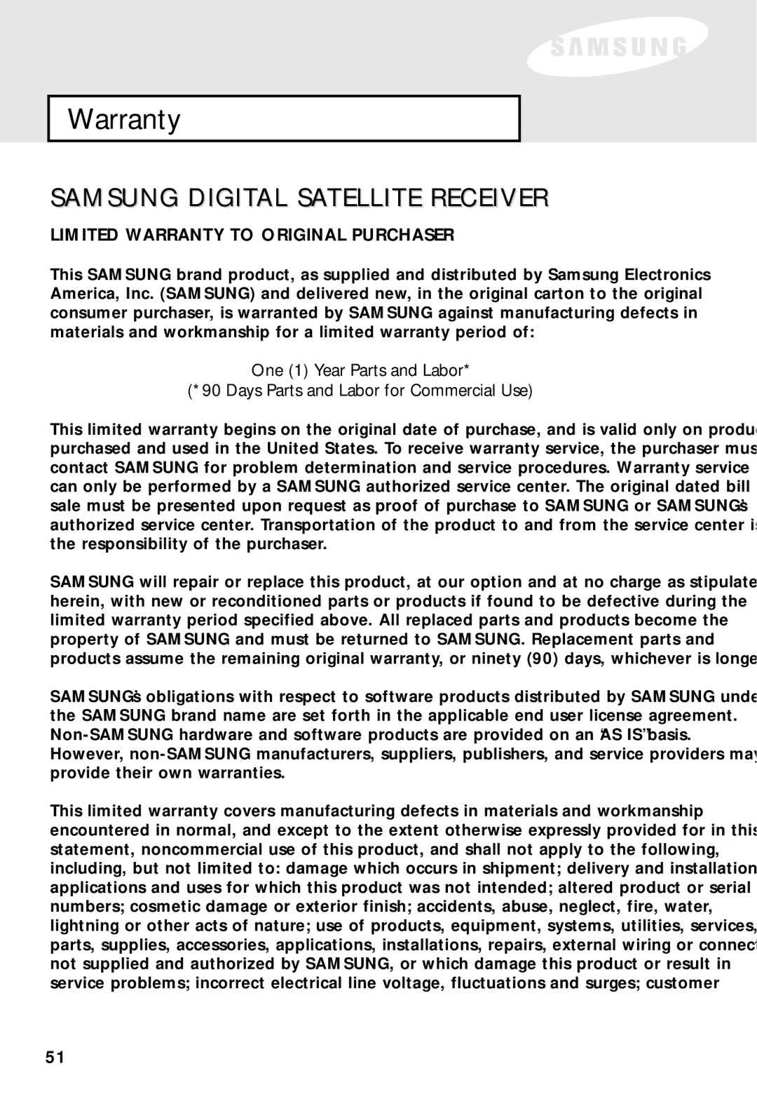 Samsung SIR-S60W owner manual Warranty, Samsung Digital Satellite Receiver 