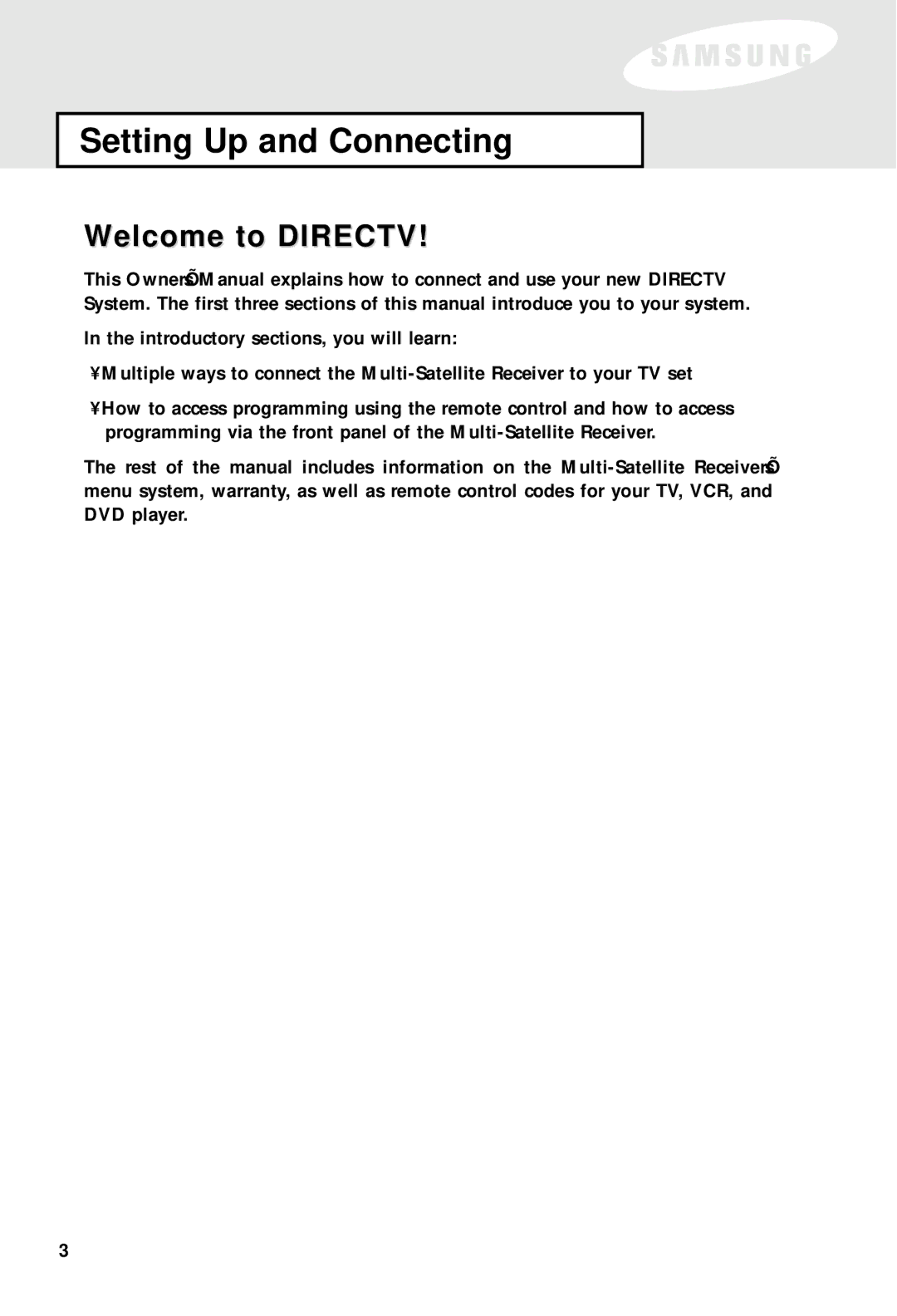 Samsung SIR-S60W owner manual Setting Up and Connecting, Welcome to Directv 