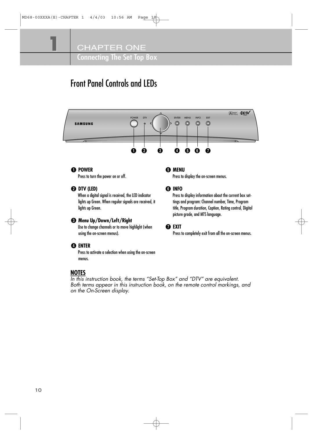 Samsung SIR-T351 manual Front Panel Controls and LEDs, ´ Dtv Led, Menu Up/Down/Left/Right 