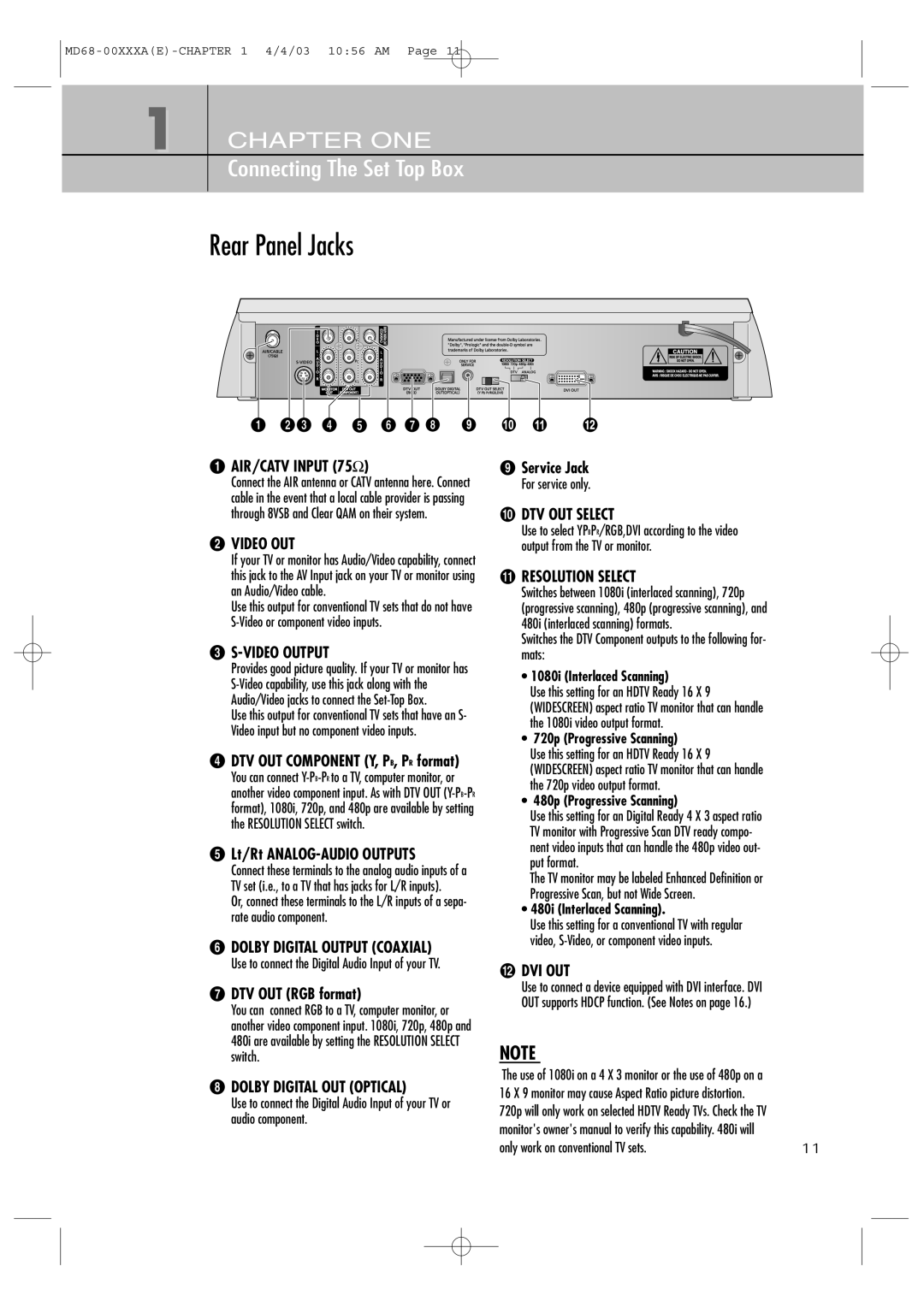 Samsung SIR-T351 manual Rear Panel Jacks, Video Output, Lt/Rt ANALOG-AUDIO Outputs, ∏ DTV OUT RGB format, ’ Service Jack 